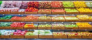 清新,市场,架子,蔬菜,水果,胡瓜,灯笼椒,食品杂货,素食,顾客