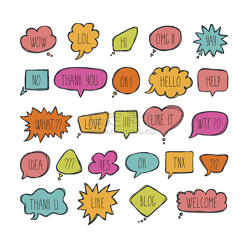 对话气泡框,泡泡,手,消息,单词,幽默,巨大的,短的,布置,绘制