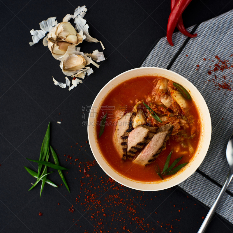 韩国泡菜,朝鲜半岛,食品,汤,黑色背景,豆腐汤锅,融合菜,焖菜,韩国食物,热