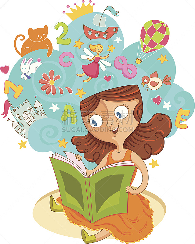 女孩,书,讲故事,就寝时间,船,橙色,云,色彩鲜艳,热气球,鸟类