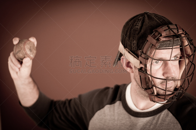 棒球运动员,球,棒球面罩,接球手,捕手手套,防护面罩,低饱和度,运动,彩色背景,仅男人
