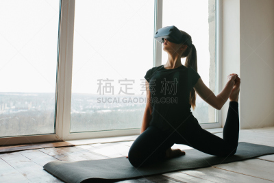 未来,运动,技术,儿童,有氧运动法,女孩,概念,瑜伽,一个人,做