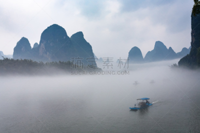 兴平,雾,风景,河流,客船,城镇,遇龙河,桂林,漓江,阳朔
