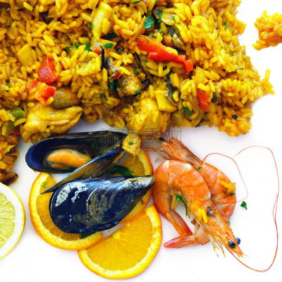 西班牙海鲜饭,迷迭香米,斑节对虾,食用大虾,墨鱼,跪着,藏红花,餐前小吃,巴伦西亚省,蔬菜