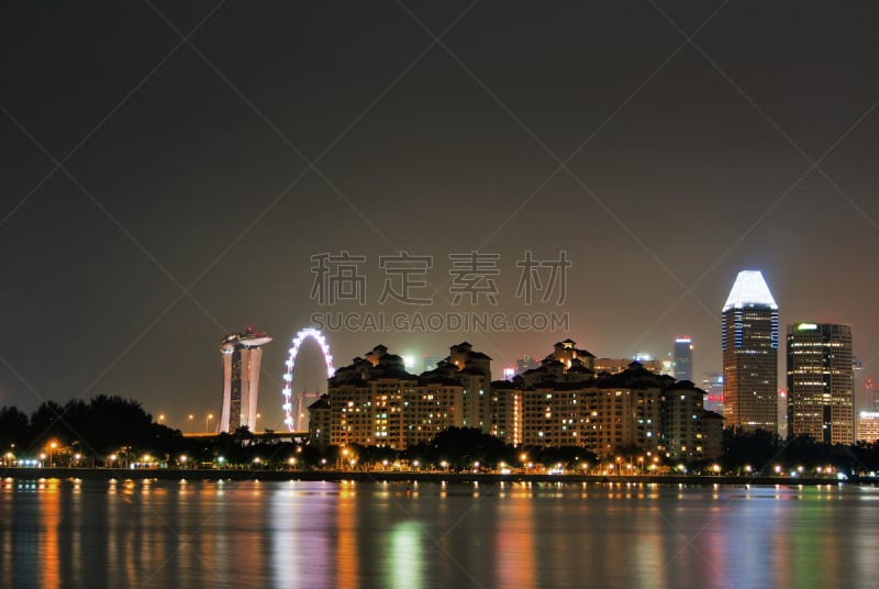 夜晚,新加坡市,城市天际线,水,水平画幅,新加坡,银行,无人,户外,滨水