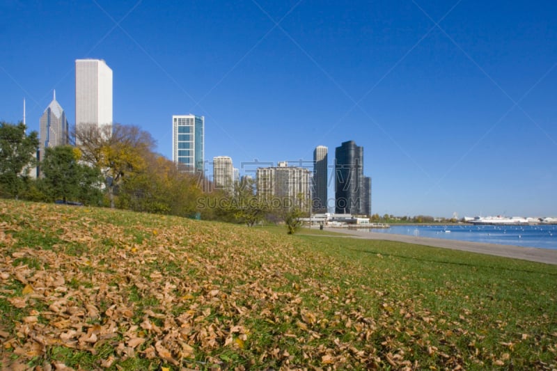 芝加哥市,秋天,aon center,密歇根湖,天空,美国,水平画幅,建筑,无人,城市天际线