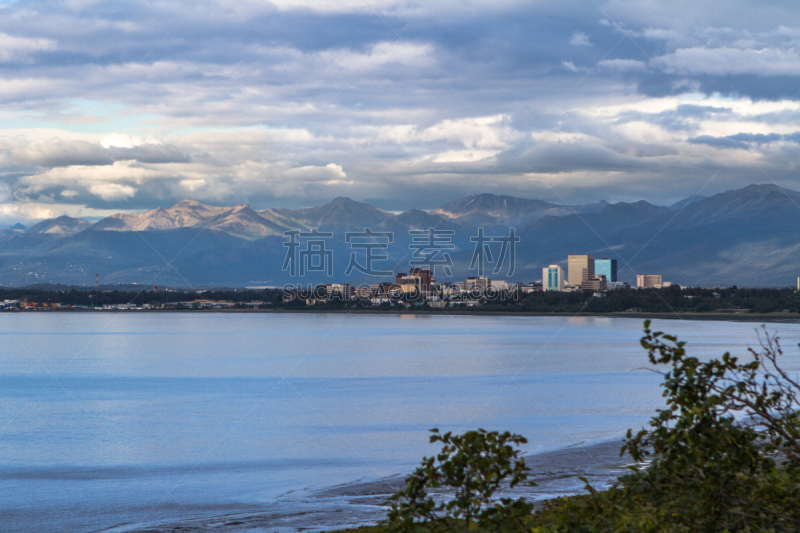 安克雷奇,阿拉斯加,都市风景,马塔努损卡谷地,切加奇国家森林公园,库克水道,水湾,水平画幅,无人,城市天际线