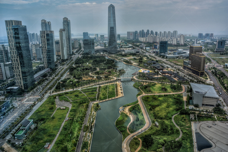 中央公园,公园,水平画幅,高视角,无人,松岛国际商务区,户外,都市风景,韩国,首尔