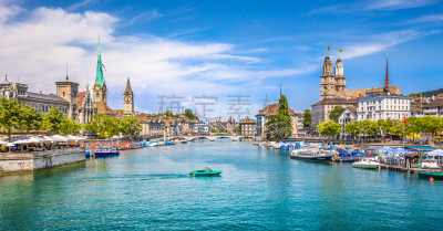 ZÃ¼rich city center with river Limmat in summer, Switzerland