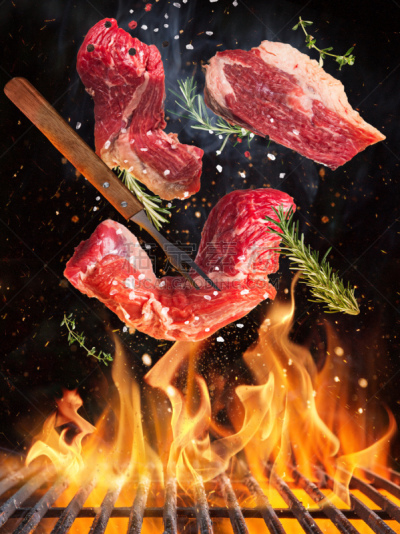 牛排,火,火焰,精神振作,铸铁,金属格栅,在上面,格子烤肉,热,暗色
