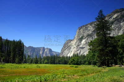 美国,新娘面纱瀑布（优胜美地）,船长岩,优胜美地山谷,水平画幅,山,瀑布,半空中,草坪,户外