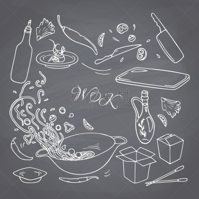 炒菜锅,轮廓,餐馆,食品,高雅,动物手,粉笔,钢鼓,绘画插图,海产