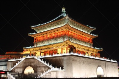 钟楼,西安,中国,陕西省,塔,旅游目的地,水平画幅,夜晚,无人,摄影