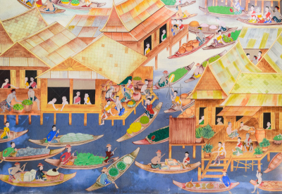 绘画作品,壁画,水上市场,商人,艺术,水平画幅,僧院,过去,泰国,远古的