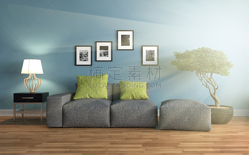 沙发,室内,三维图形,绘画插图,座位,水平画幅,无人,蓝色,装饰物,家具