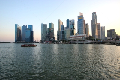 新加坡市,城市天际线,夜晚,早晨,滨海湾 ,水平画幅,新加坡,无人,海港,户外