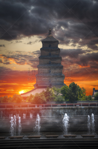 雁属,宝塔,西安,巨大的,垂直画幅,天空,建筑,无人,鹅肉,丘陵鹅