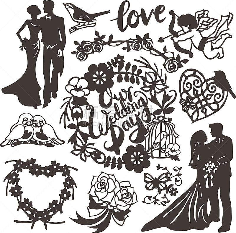 婚礼,婚纱,玫瑰,浪漫,图像,新娘,鸟类,矢量,绘画插图,丘比特