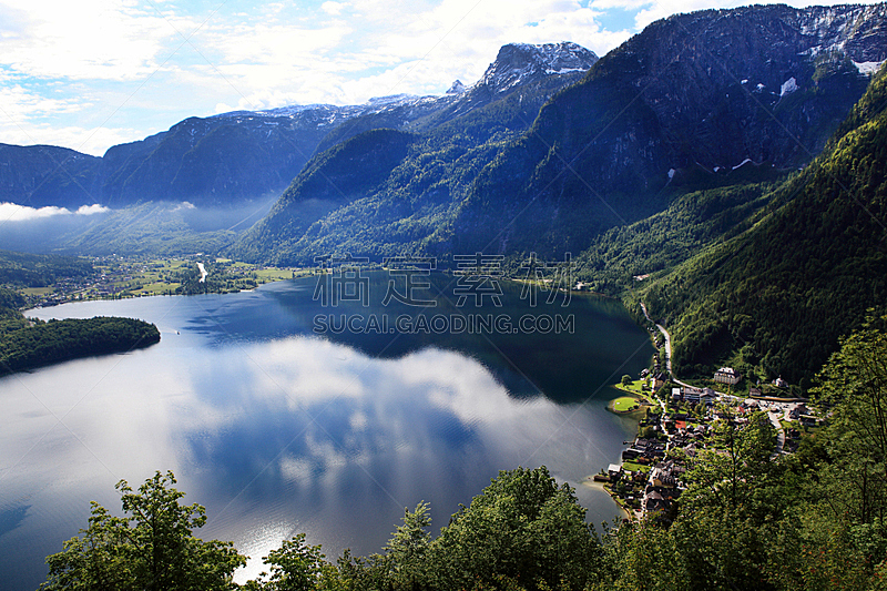 奥地利,哈尔施塔特湖,自然,窗户,度假胜地,水平画幅,无人,乡村,蓝色