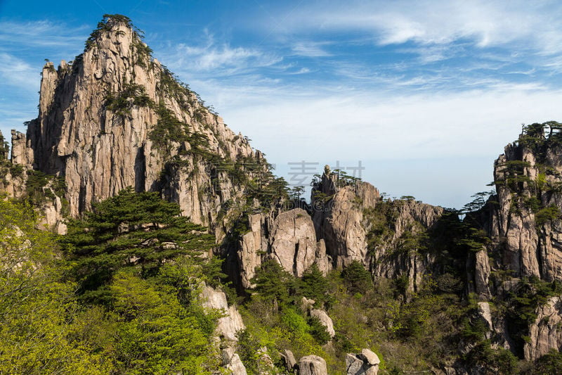 黄山山脉,安徽省,岩面,天空,美,水平画幅,户外,山,中国,自然