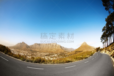 南非桌山,路,透镜,狮头峰,开普半岛,天空,留白,度假胜地,水平画幅,山