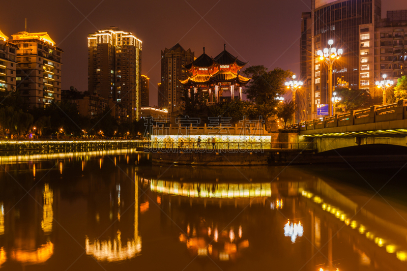 夜晚,亭台楼阁,成都,水平画幅,建筑,蓝色,城市天际线,旅行者,黄昏,户外