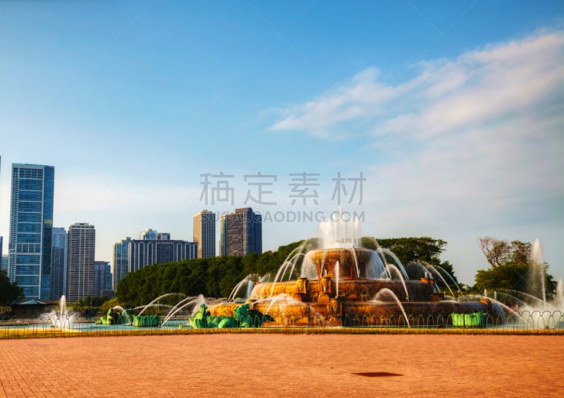 芝加哥市,市区,都市风景,白金汉大喷泉,芝加哥格兰特公园,天空,公园,美国,旅游目的地,水平画幅