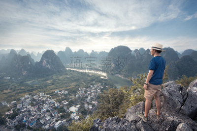 山,兴平,阳朔,喀斯特,桂林,天空,水平画幅,户外,著名景点,中国