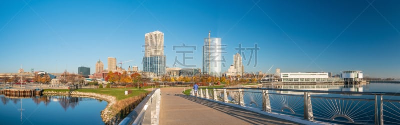 美国,城市天际线,密尔沃基市,办公室,水,天空,水平画幅,夜晚,无人,海港