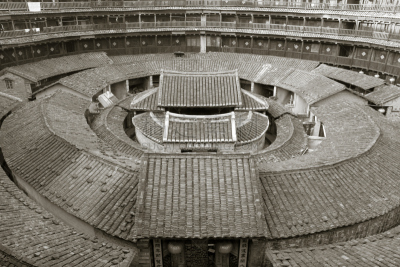 建筑外部,黑白图片,传统,土楼,福建省,瓦,水平画幅,无人,古老的,房屋