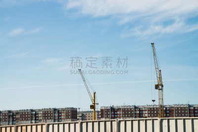 天空,建筑业,建筑工地,蓝色,城市,起重机,建筑外部,背景聚焦,留白,设计