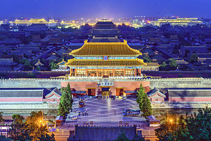 北京,景山公园,故宫,水平画幅,夜晚,无人,曙暮光,户外,大门,都市风景