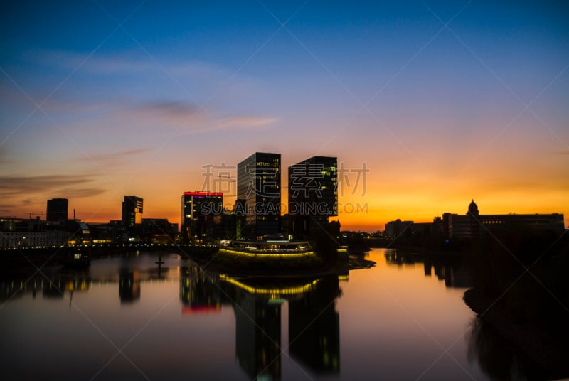 Harbour of Düsseldorf (Duesseldorf) during sunset, Medienhafen