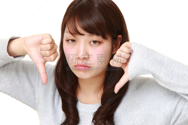 女人,做手势,突击战术,大拇指朝下,不舒服,在下面,半身像,水平画幅,仅成年人,工作室