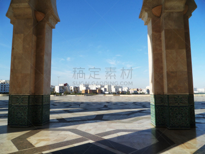 卡萨布兰卡,天空,旅游目的地,水平画幅,建筑,无人,蓝色,清真寺,城市,哈桑清真寺