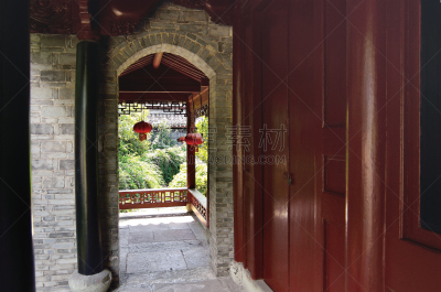 东方石景花园,周庄,苏州,花园路,过道,中国灯笼,留白,石材,彩色图片,地面