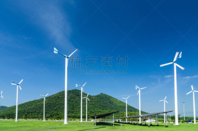 风力,涡轮,电缆,天空,水平画幅,能源,户外,草,活力,电源