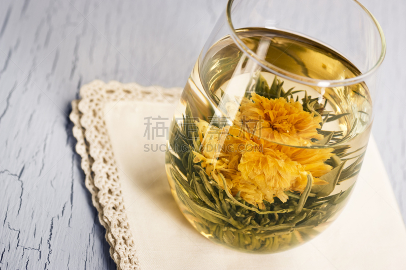 玻璃杯,仅一朵花,茶,白茶,花茶,中国茶,灰色,水平画幅,绿色,无人