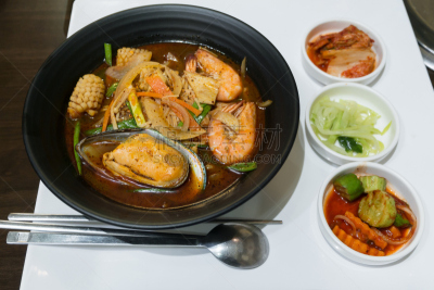海产,特写,朝鲜半岛,面汤,香料,餐具,水平画幅,贻贝,无人,韩国食物