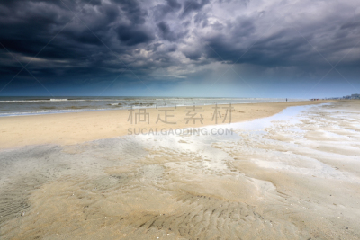 暴风雨,夏天,荷兰,海滩,暗色,环境,云,赞德沃特,天气,海岸线