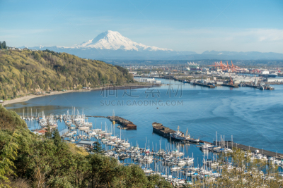 游艇码头,山,海港,塔可玛港,塔科马,普吉特海湾,水平画幅,地形,无人,全景