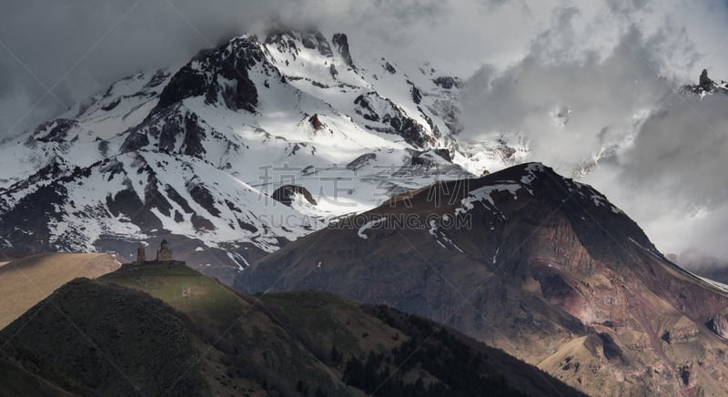 修道院,背景,雪山,三位一体,高加索山脉,自然,灵性,水平画幅,山