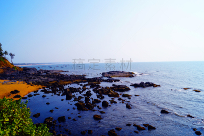 海滩,风景,anjuna,巴加,海岸线,山,在之间,水,天空,美