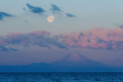 黎明,富士山,月亮,天空,水平画幅,云,无人,早晨,户外,千叶县