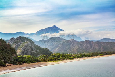 海滩,山,风景,土耳其,在上面,水,天空,水平画幅,云,别墅