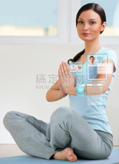 未来,智慧,女人,设备用品,衣服,全息图,学校体育馆,智能手表,腕表,脉诊