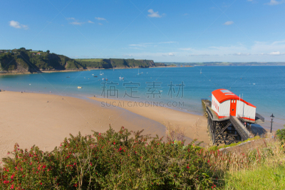 海岸线,海湾,滕比,看风景,夏天,威尔士,卡马森湾,旅途,彭布罗克郡,海港