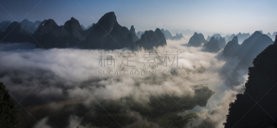 桂林,漓江,兴平,墨水和刷子,阳朔,中国南部,水,水平画幅,无人,偏远的
