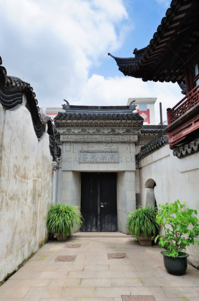 上海,建筑外部,古老的,豫园,垂直画幅,门口,建筑,无人,蓝色,都市风景