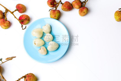 盘子,热带水果,荔枝,蓝色,褐色,水平画幅,生食,组物体,特写,甜点心